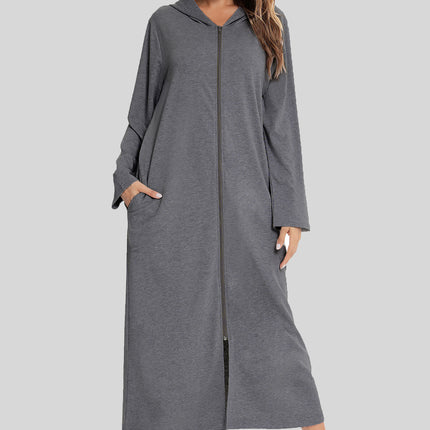 Zip Front Hooded Night Dress with Pockets - Image 7