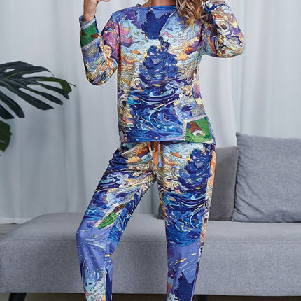 Shiny Tie-Dye Crewneck Top and Drawstring Waist Joggers Lounge Set - Image 8