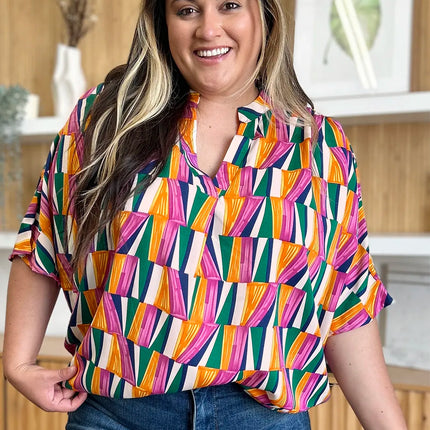 Double Take Full Size Geometric Notched Dolman Sleeve Top - Image 12