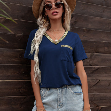 Glitter V-Neck Short Sleeve Tee Shirt - Image 18