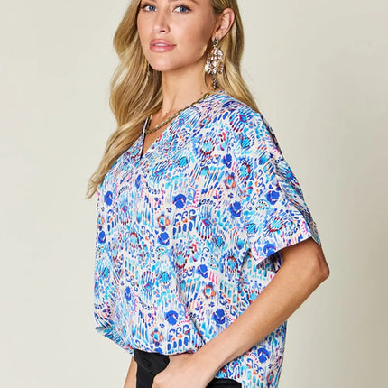 Double Take Full Size Printed V-Neck Short Sleeve Blouse - Image 18