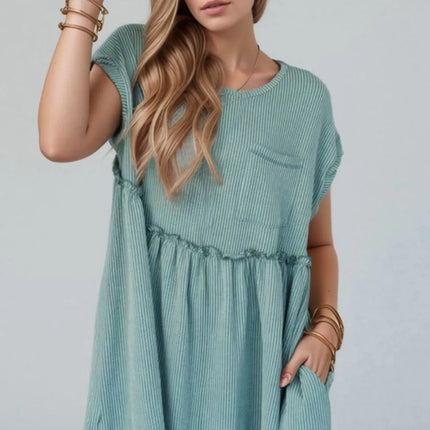 Frill Round Neck Cap Sleeve Mini Dress - Image 1