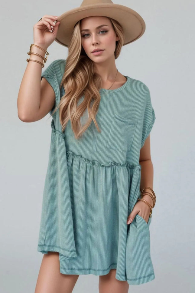 Frill Round Neck Cap Sleeve Mini Dress