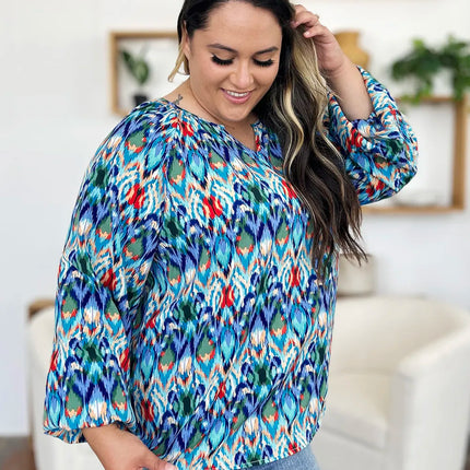 Double Take Full Size Printed Balloon Sleeve Blouse - Image 12