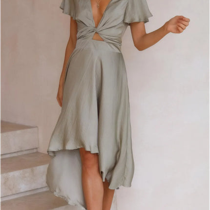 High-Low Plunge Flutter Sleeve Dress - Image 4