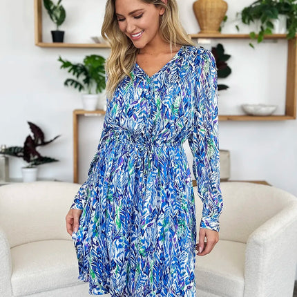 Double Take Full Size Printed Drawstring Waist Long Sleeve Dress - Image 14