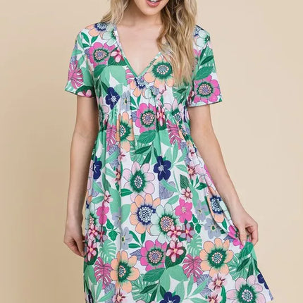 BOMBOM Ruched Floral V-Neck Short Sleeve Dress - Image 2