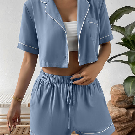 Ivy Lane Contrast Lapel Collar Cropped Shirt and Shorts Lounge Set - Image 3