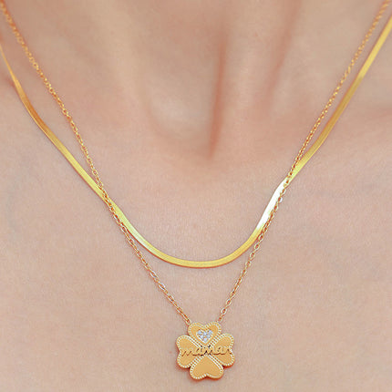 2 Piece 18K Gold-Plated Inlaid Zircon Lucky Clover Necklace - Image 4