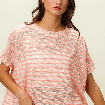 BiBi Braid Striped Short Sleeve Round Neck T-Shirt - Image 1