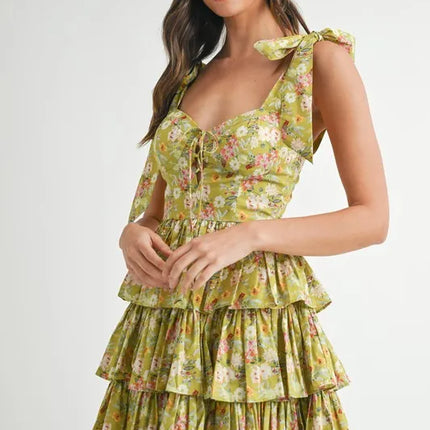 MABLE Floral Print Shoulder Tie Layered Mini Dress - Image 4