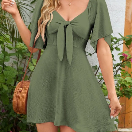 Smocked Back Knotted Flutter Sleeve Dress - Image 11