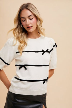 Annie Wear Striped Bow Round Neck Knit Top - Image 1