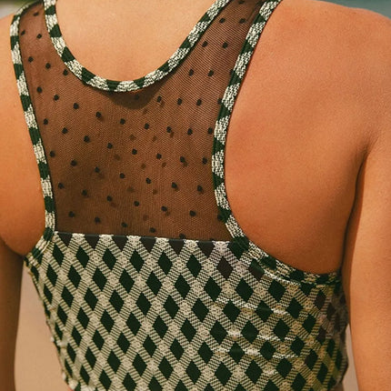 Dotted Mesh Plaid Patchwork High Waisted Swim Set - Image 6