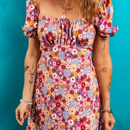 Floral Puff Sleeve Square Neck Knot Open Back Mini Dress - Image 3