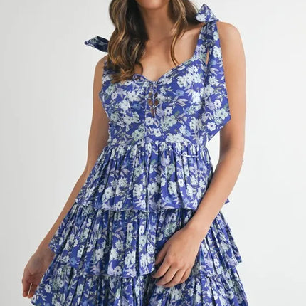 MABLE Floral Print Shoulder Tie Layered Mini Dress - Image 1
