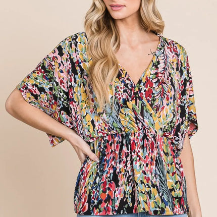 BOMBOM Printed Surplice Peplum Blouse - Image 3