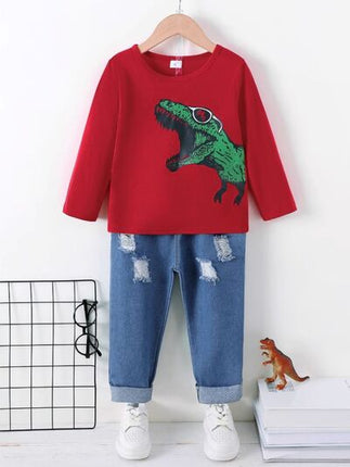Dinosaur Round Neck Long Sleeve Top and Distressed Pants Set - Image 1