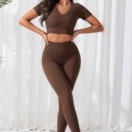 V-Neck Crop Top and High Waistband Long Active Pants - Image 1