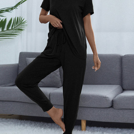 Shiny Round Neck Short Sleeve Top and Pants Set - Image 1