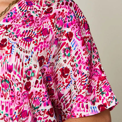 Double Take Full Size Printed V-Neck Short Sleeve Blouse - Image 5