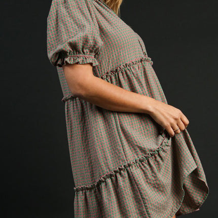 Umgee Full Size Plaid Frill Button Detail Ruffled Short Sleeve Dress Plus Size - Image 4