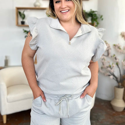 Double Take Full Size Texture Flounce Sleeve Top and Drawstring Shorts Set - Image 2