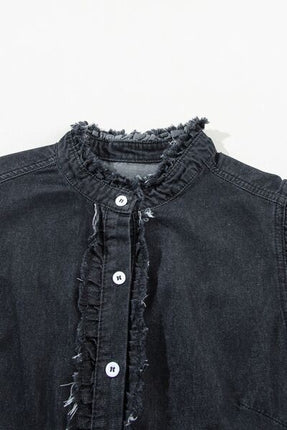 Button Down Raw Hem Ruffled Denim Shirt - Image 14