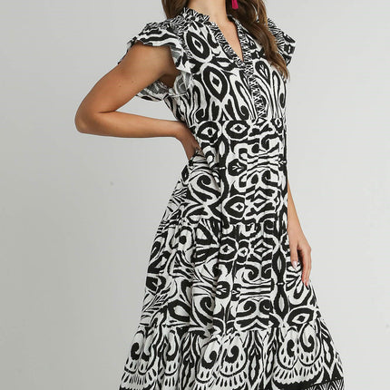 Umgee Full Size Two Tone Border Print Ruffle Cap Sleeve Midi Dress Plus Size - Image 2