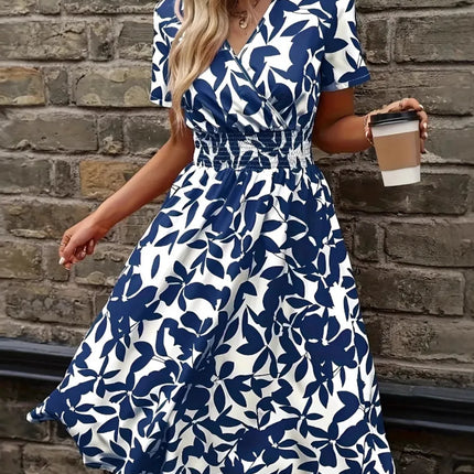 Printed Smocked Surplice Short Sleeve Dress - Image 1