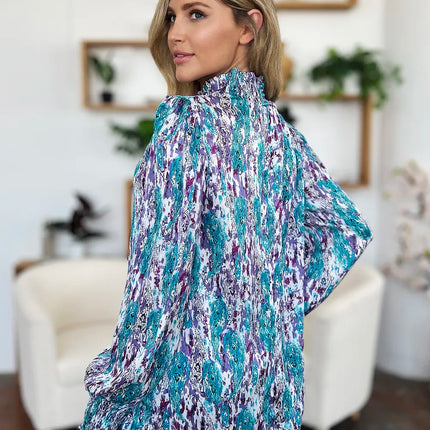 Double Take Full Size Printed Smocked Long Sleeve Blouse - Image 15