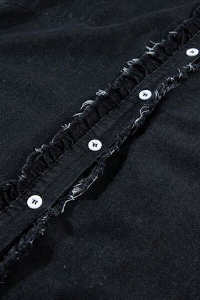 Button Down Raw Hem Ruffled Denim Shirt - Image 16