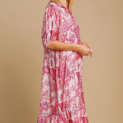 Umgee Full Size Ruffled Hem Floral Paisley Print Half Sleeve Midi Dress Plus Size - Image 2
