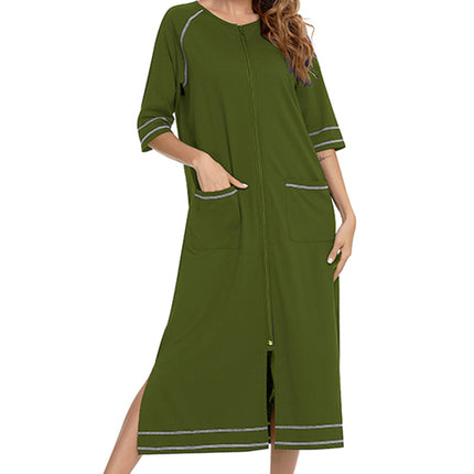 Zip Up Slit Round Neck Night Dress with Pockets - Image 23