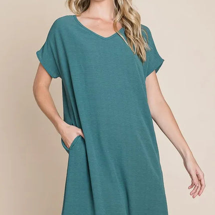 BOMBOM V-Neck Short Sleeve Dress with Pockets - Image 1