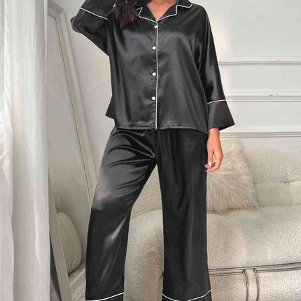 Contrast Piping Button-Up Top and Pants Pajama Set - Image 1
