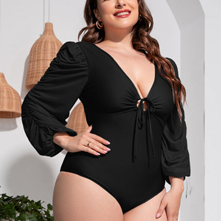 Plus Size Tied Deep V Balloon Sleeve One-Piece Swimsuit - Image 1