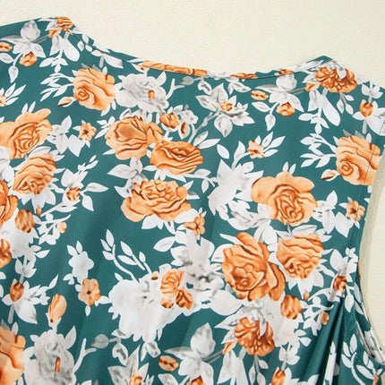 Floral Print Trimmed V Neck Tie Waist Sleeveless Dress - Image 11