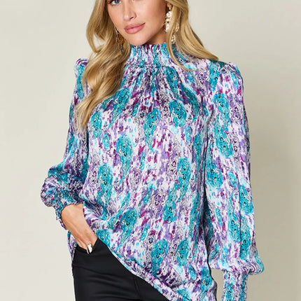 Double Take Full Size Printed Smocked Long Sleeve Blouse - Image 2