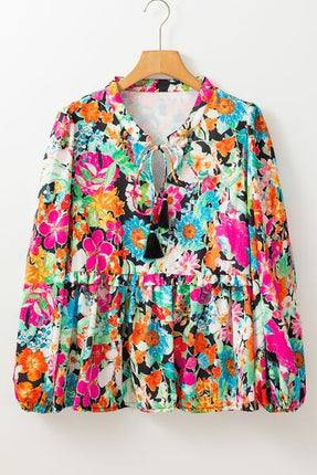 Floral Tie Neck Balloon Sleeve Blouse - Image 4