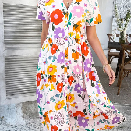 Devine Printed Johnny Collar Button Down Short Sleeve Midi Shirt Dress - Image 1