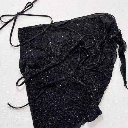 Glitter Halter Neck Backless Three-Piece Swim Set - Image 3