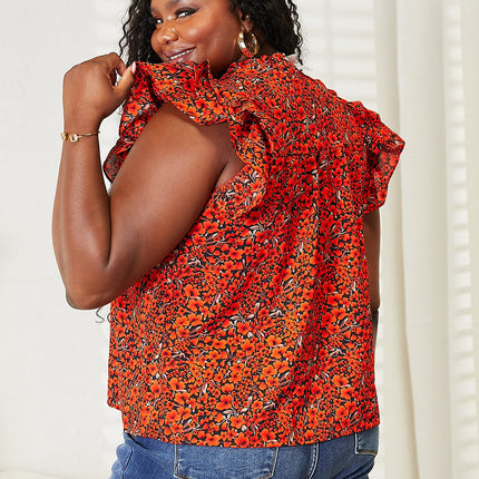 Double Take Floral Flutter Sleeve Notched Neck Blouse - Image 6