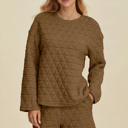 Double Take Full Size Texture Round Neck Long Sleeve Top and Shorts Set - Image 12