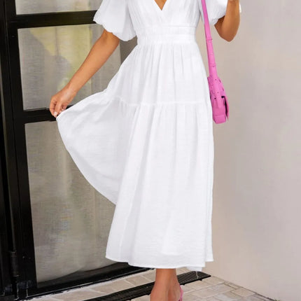V-Neck Puff Sleeve Midi Dress - Image 7