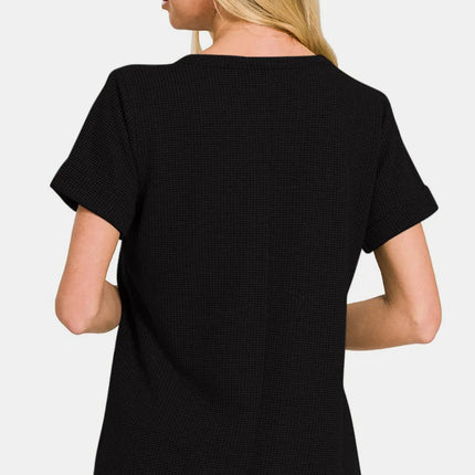 Zenana Notched Short Sleeve Waffle T-Shirt - Image 2