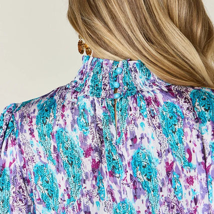 Double Take Full Size Printed Smocked Long Sleeve Blouse - Image 6