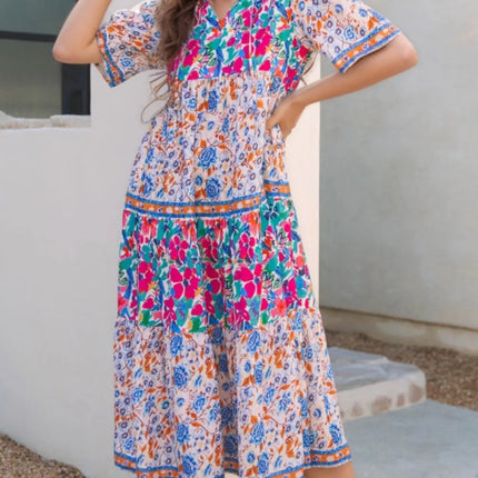 Mixed Floral Print Tie Neck Short Sleeve Dress - Image 1