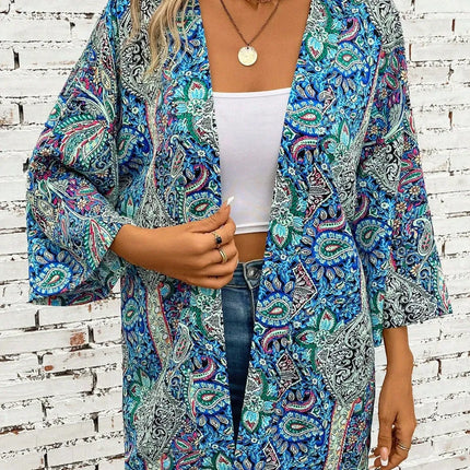Printed Open Front Three-Quarter Sleeve Cover Up - Image 1