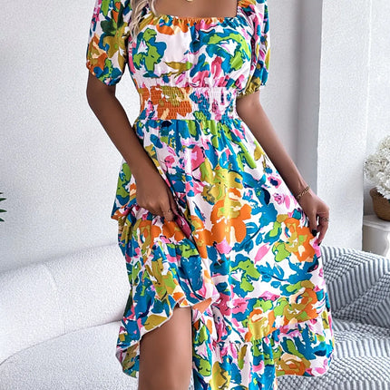 Ruffled Hem Smocked Floral Short Sleeve Midi Dress - Image 8